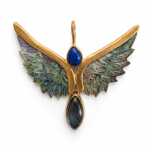 Elysia Wings brass pendant with Lapis Lazuli, Labradorite and carved iridescent wings