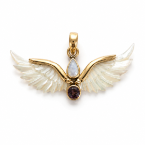 Aurelia Wings golden brass pendant with carved Mother of Pearl wings and gemstones