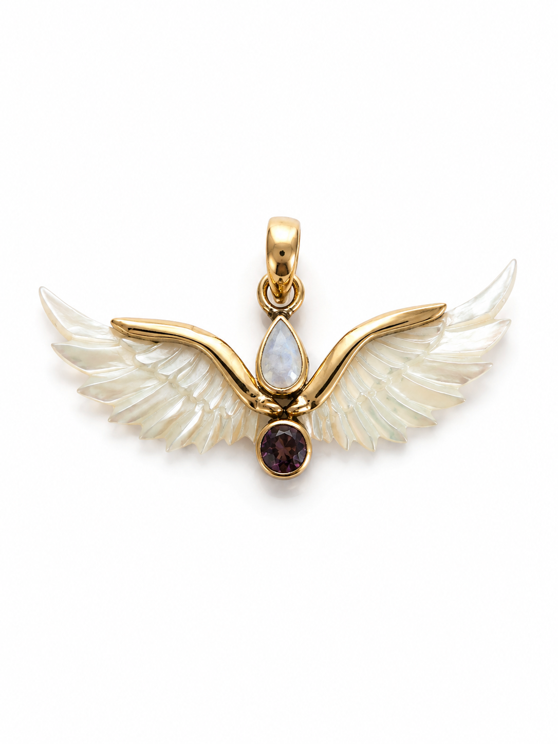 Aurelia Wings golden brass pendant with carved Mother of Pearl wings and gemstones