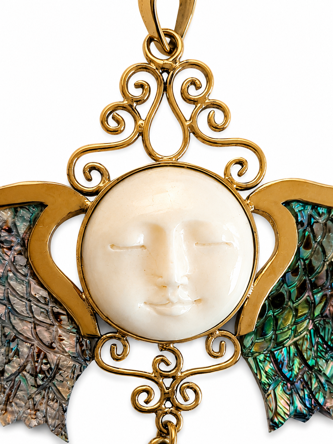 Celestial Guardian brass pendant with Abalone Shell wings and carved Mother of Pearl faces