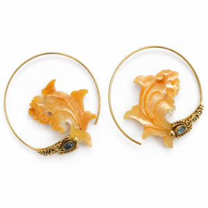 Sahara Bloom golden brass hoop earrings with carved amber shell and blue gemstones
