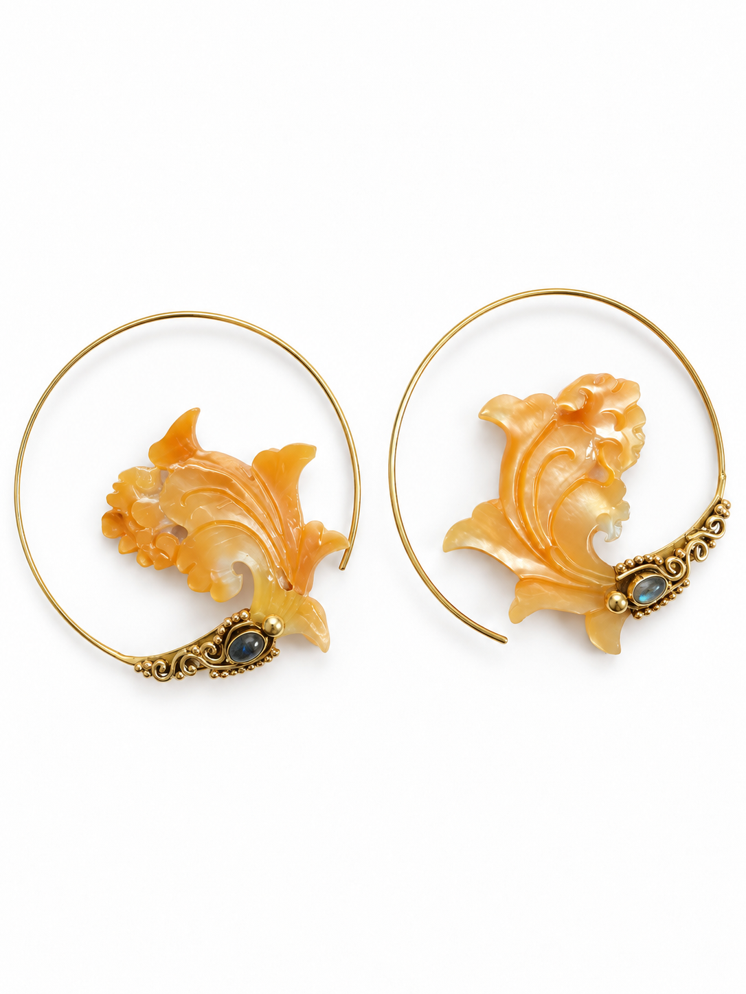 Sahara Bloom golden brass hoop earrings with carved amber shell and blue gemstones
