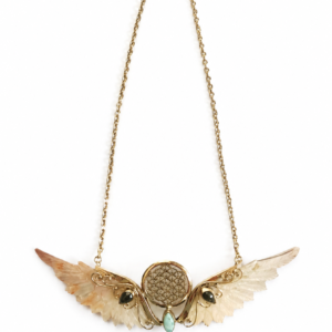 Amara Wings golden brass statement necklace with carved Mother of Pearl wings and natural stones