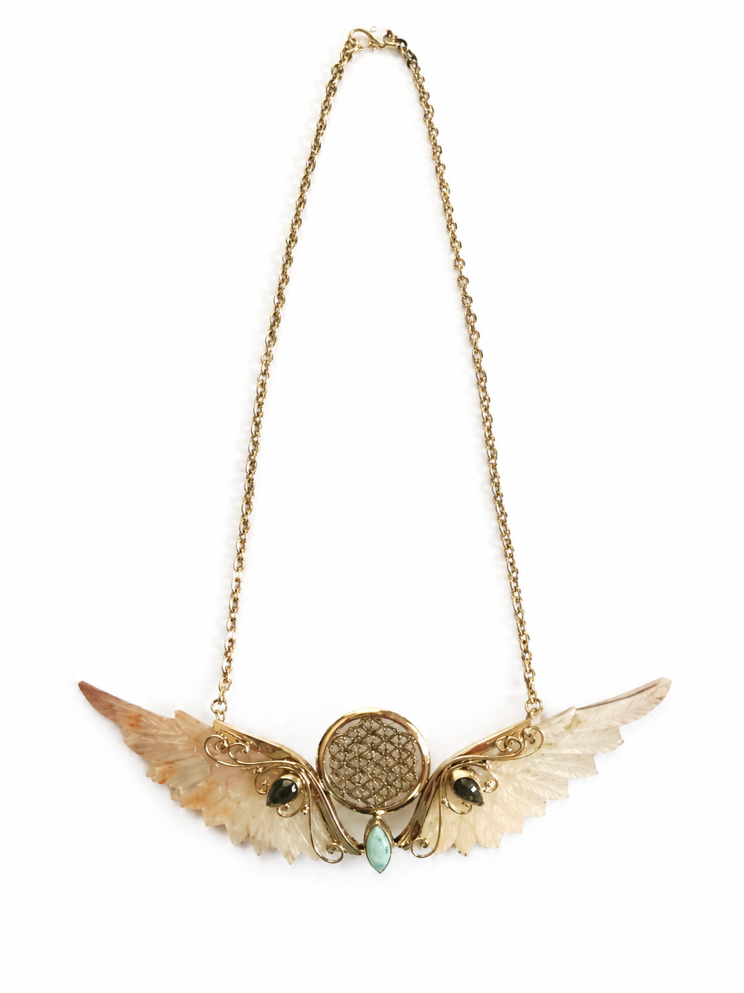 Amara Wings golden brass statement necklace with carved Mother of Pearl wings and natural stones
