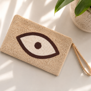 Sahara Eye beige hand-beaded clutch with ivory and brown Evil Eye motif