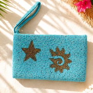 Solara turquoise hand-beaded clutch with golden sun and star motifs