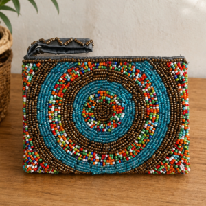 Karma mini hand-beaded pouch with turquoise bronze and multicolour mandala motif
