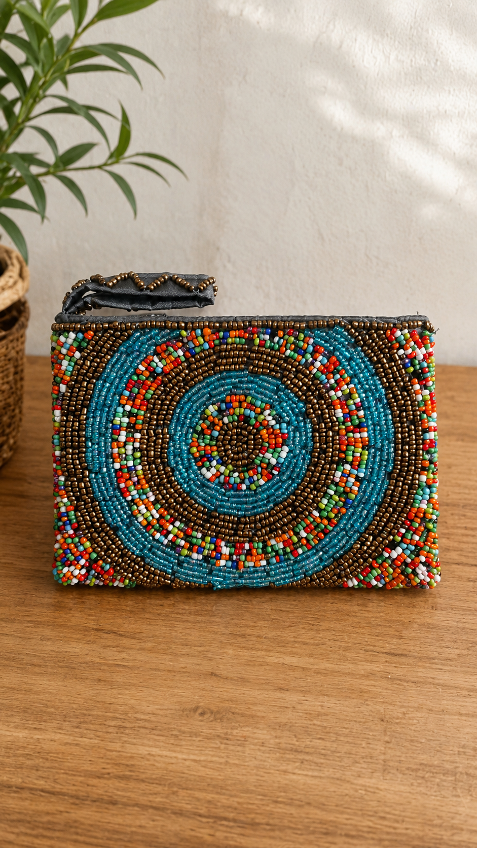 Karma mini hand-beaded pouch with turquoise bronze and multicolour mandala motif