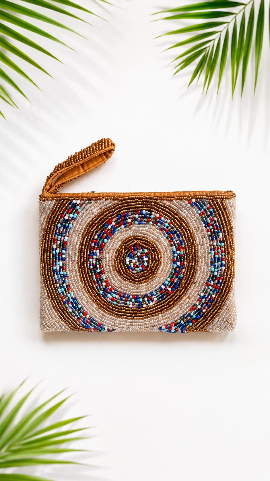 Nomad Spiral mini hand-beaded pouch with bronze ivory and multicolour spiral motif