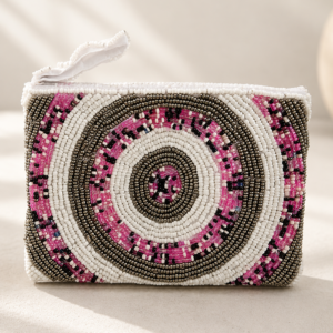 Rosalia mini beaded pouch with white pink and bronze concentric circle pattern