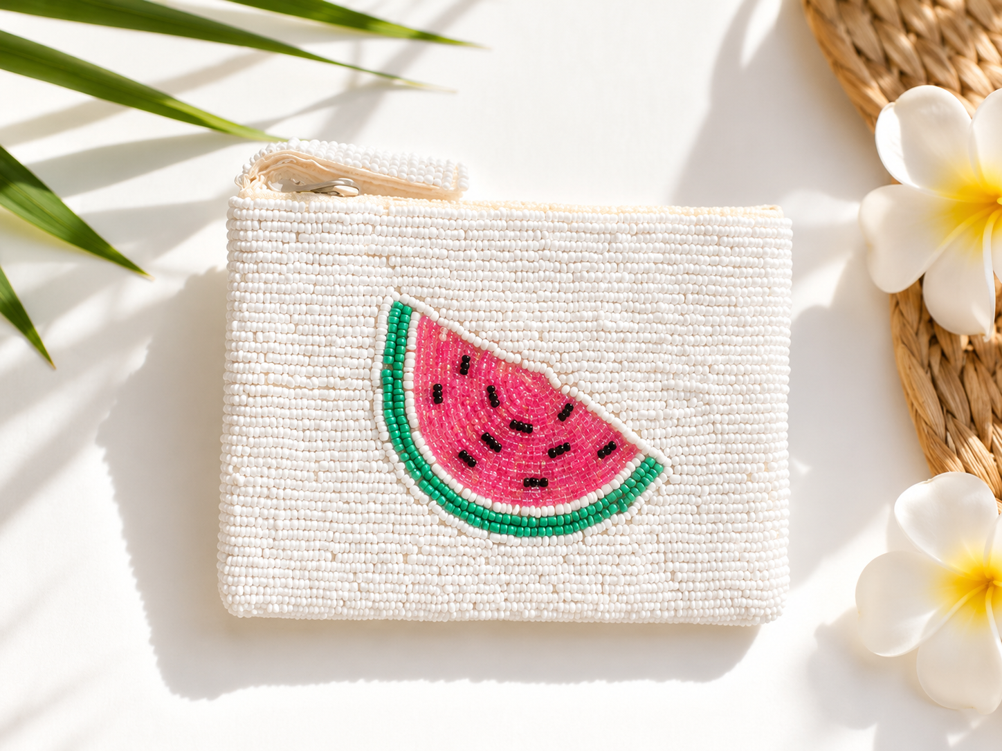 Sandía mini white beaded pouch with pink and green watermelon motif