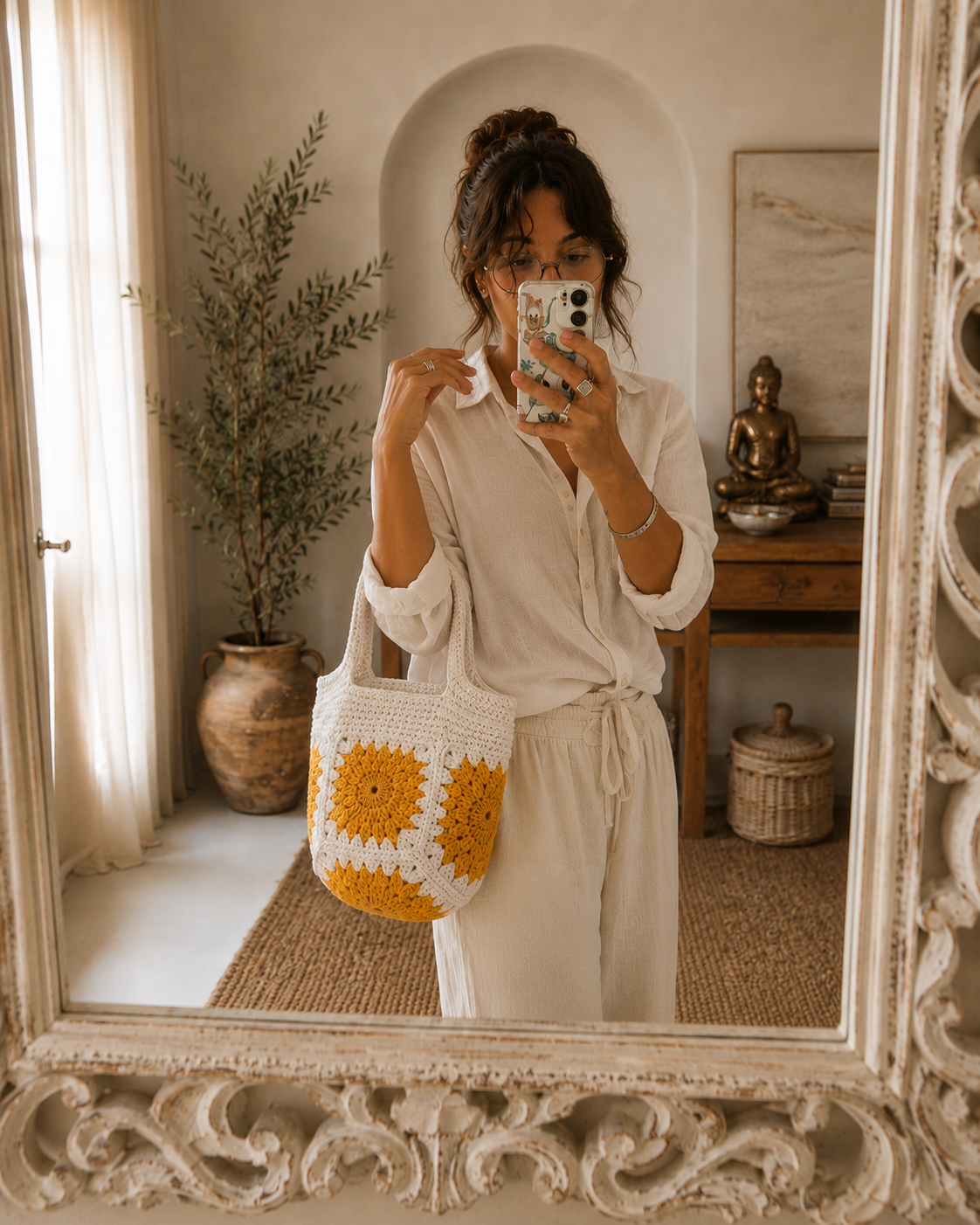 Marigold Crochet Bag – Handmade Ivory & Mustard Floral Tote - immagine 2