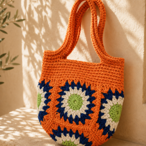 Handmade orange crochet tote bag with blue ivory and green floral motifs