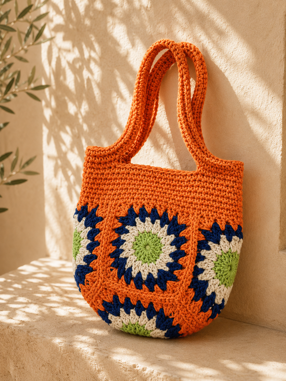 Handmade orange crochet tote bag with blue ivory and green floral motifs