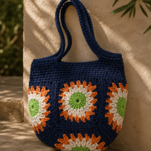 Handmade blue crochet tote bag with orange ivory and green floral motifs