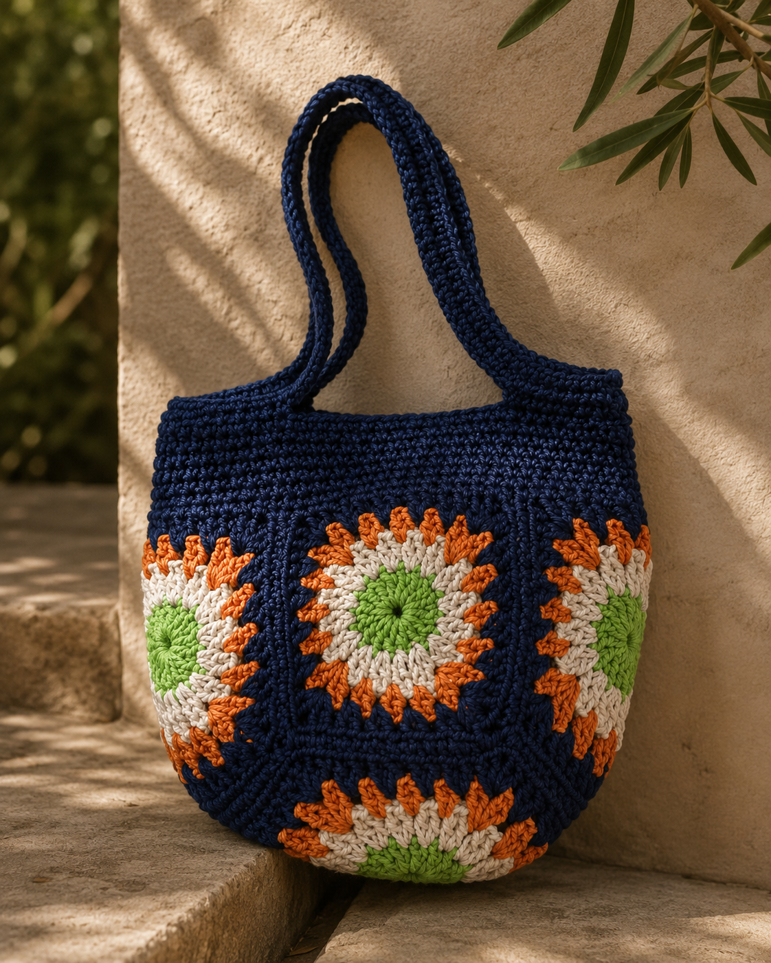Handmade blue crochet tote bag with orange ivory and green floral motifs