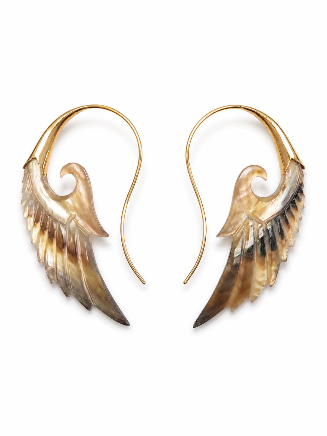 Aella golden brass earrings with carved Mother of Pearl wings
