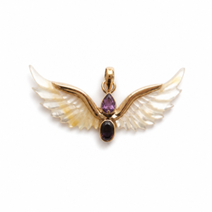 Celestia golden brass wing pendant with carved Mother of Pearl and purple Amethyst gemstones