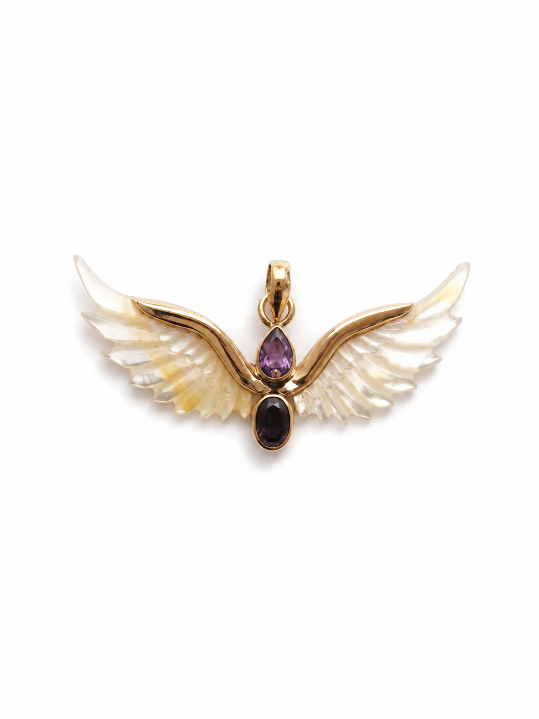 Celestia golden brass wing pendant with carved Mother of Pearl and purple Amethyst gemstones