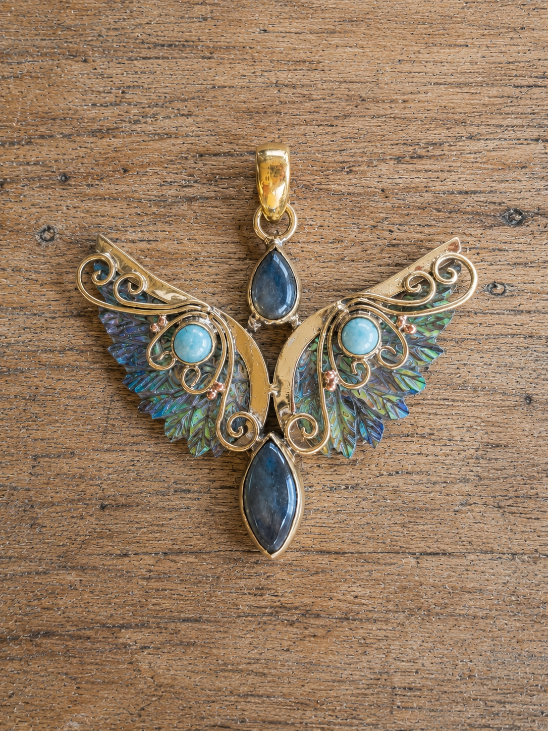 Azura Wings brass pendant with Abalone Shell wings, Larimar and Labradorite stones