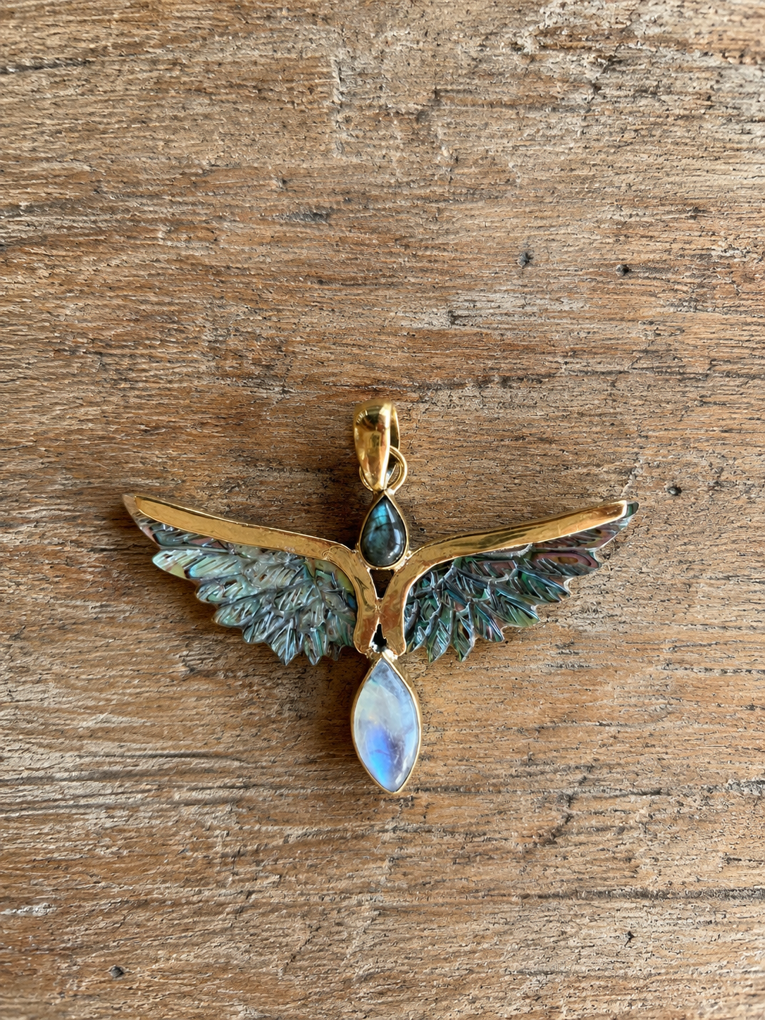 Aurea Wings brass pendant with Abalone Shell wings, Larimar and Labradorite