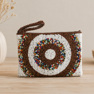 Solara mini white and bronze beaded pouch with multicolour concentric circle design