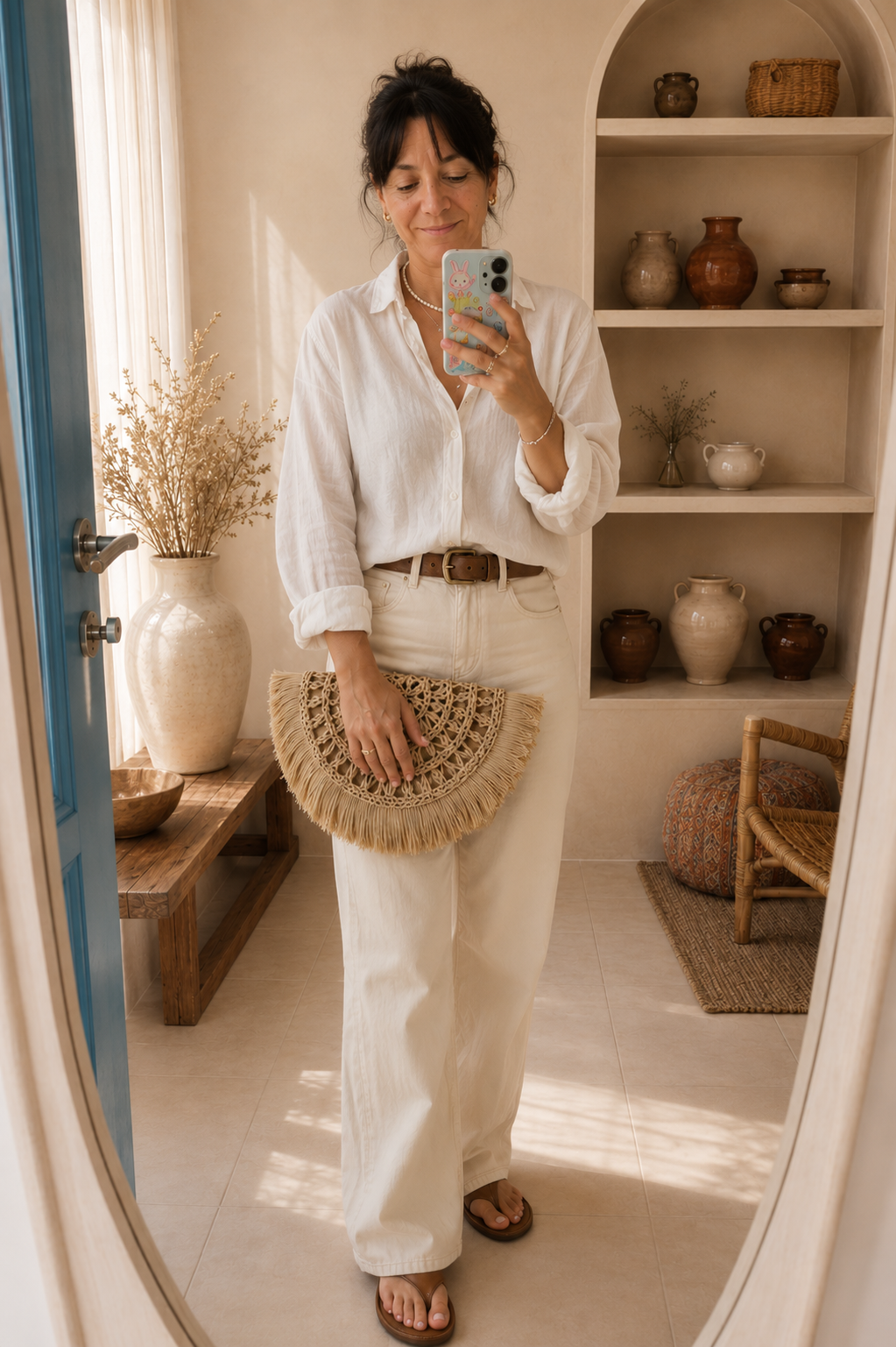 Handcrafted natural raffia crochet clutch bag with fringe detailing