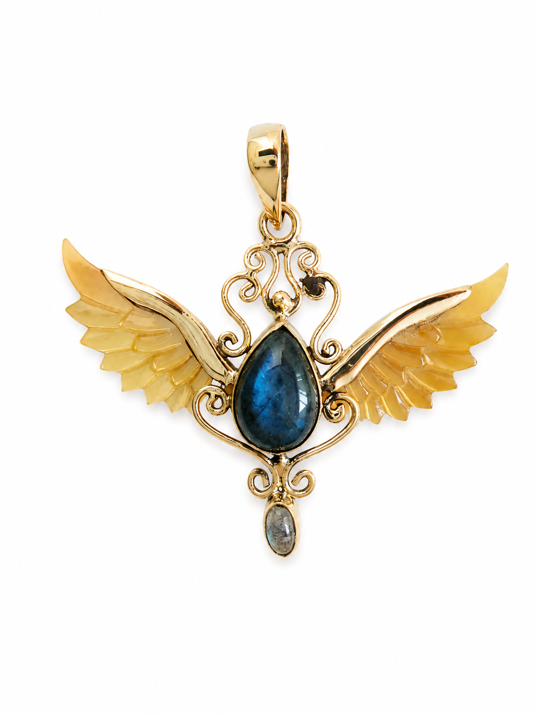 Astra Wings golden brass pendant with blue Labradorite and carved shell wings