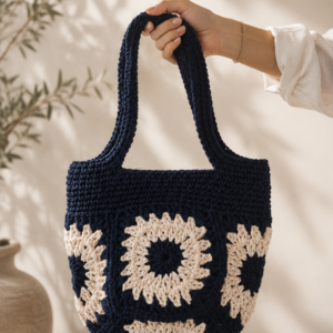Neroli – Dark Blue & Ivory Handcrafted Crochet Bag