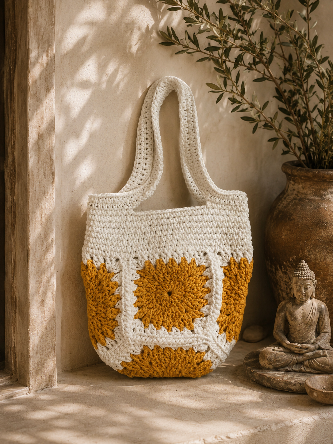 Marigold Crochet Bag – Handmade Ivory & Mustard Floral Tote