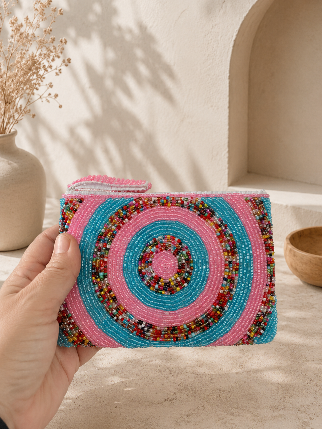 Kalea – Mini Pink & Turquoise Beaded Spiral Pouch - immagine 3