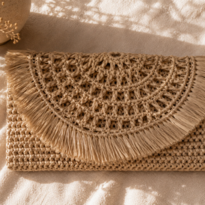 Natural Raffia Crochet Clutch Bag
