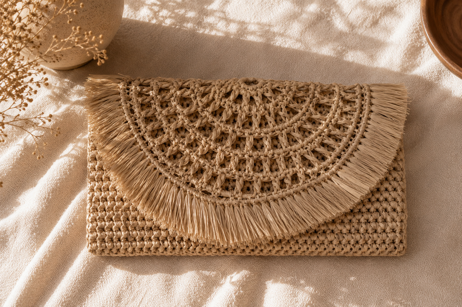 Natural Raffia Crochet Clutch Bag