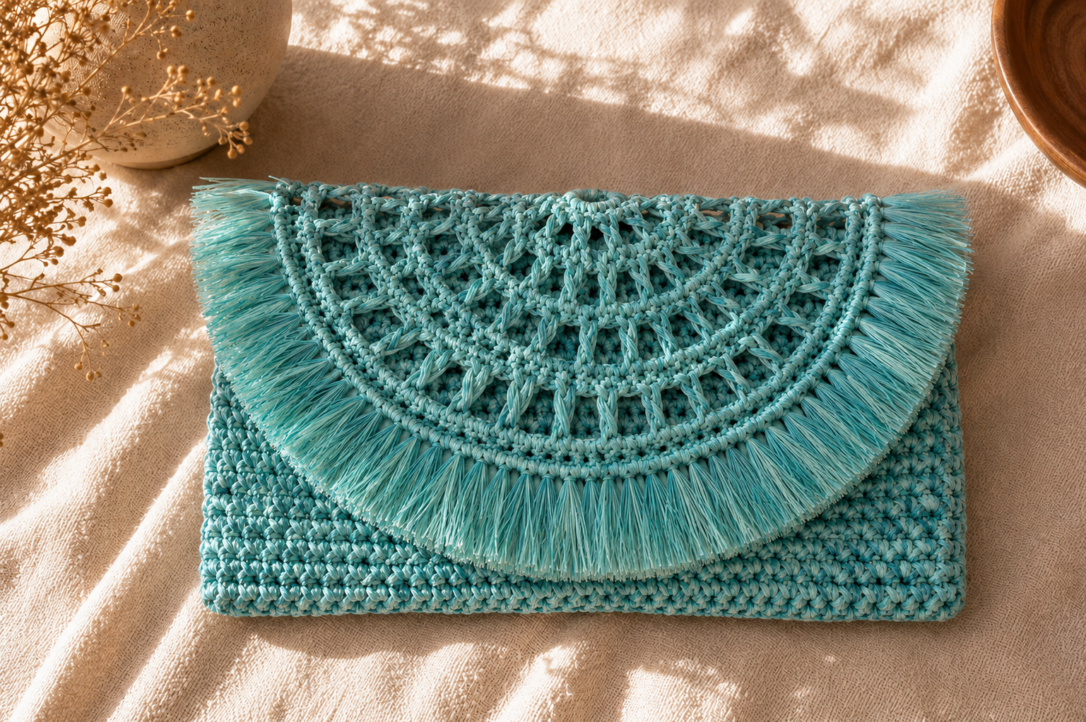 Turquoise Raffia Crochet Clutch Bag