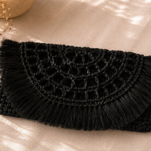 Handcrafted black raffia crochet clutch bag with fringe detailing