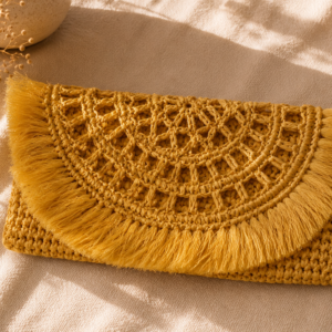Handcrafted mustard raffia crochet clutch bag with fringe detailing