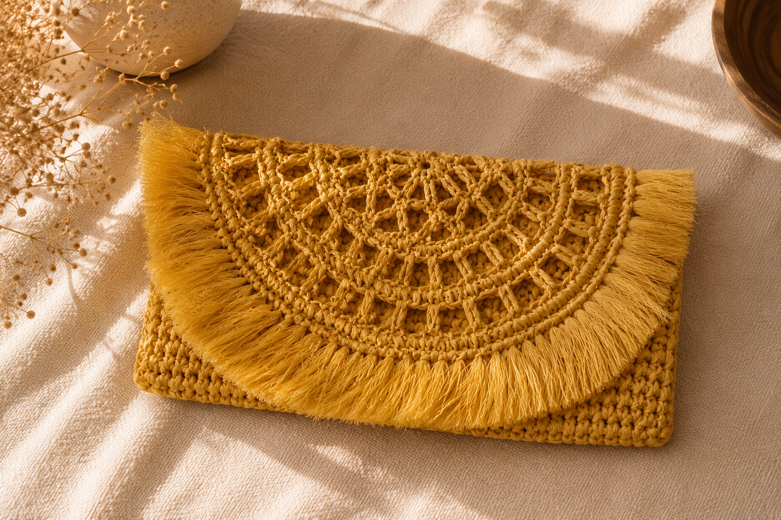 Handcrafted mustard raffia crochet clutch bag with fringe detailing