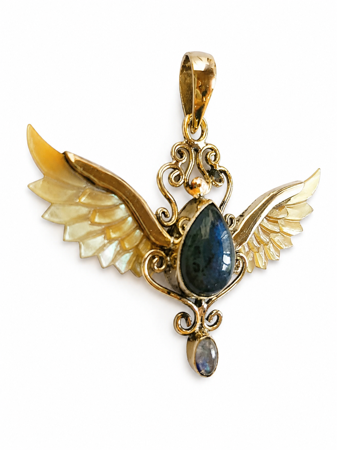 Astra Wings – Labradorite & Carved Shell Brass Pendant - immagine 2