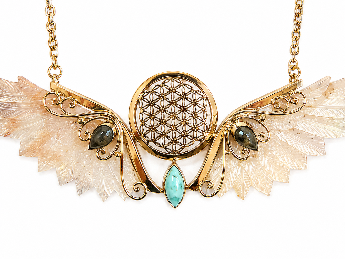Amara Wings – Mother of Pearl & Brass Statement Necklace - immagine 3