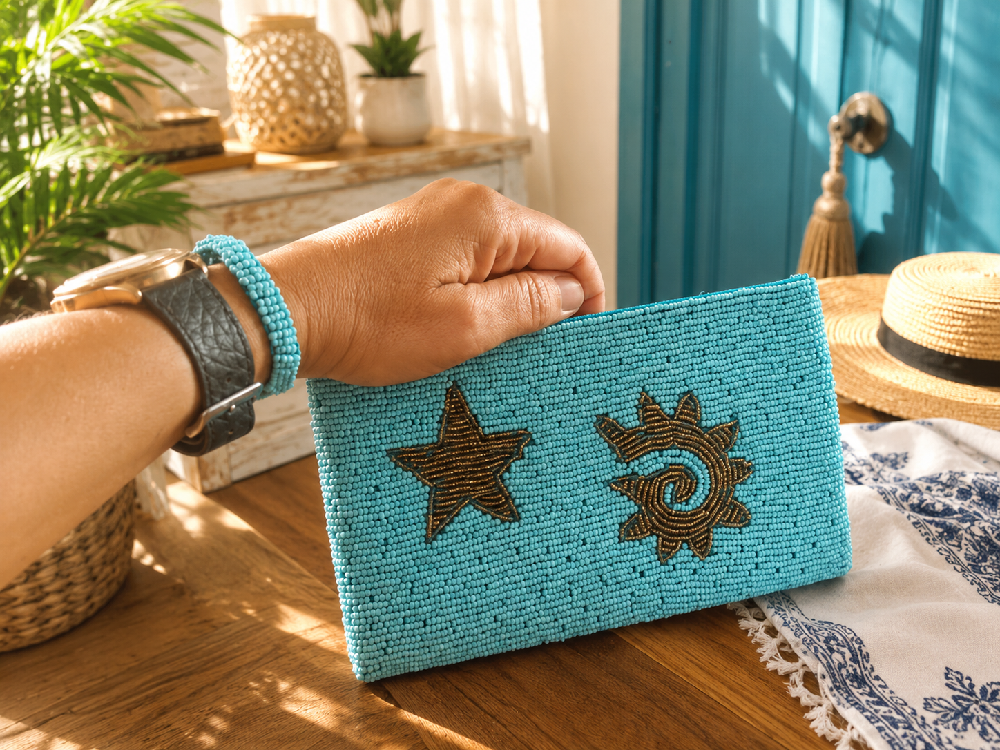 Solara – Turquoise Hand-Beaded Sun & Star Clutch - immagine 3