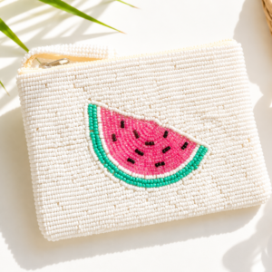 Sandía – Mini White Beaded Pouch with Watermelon