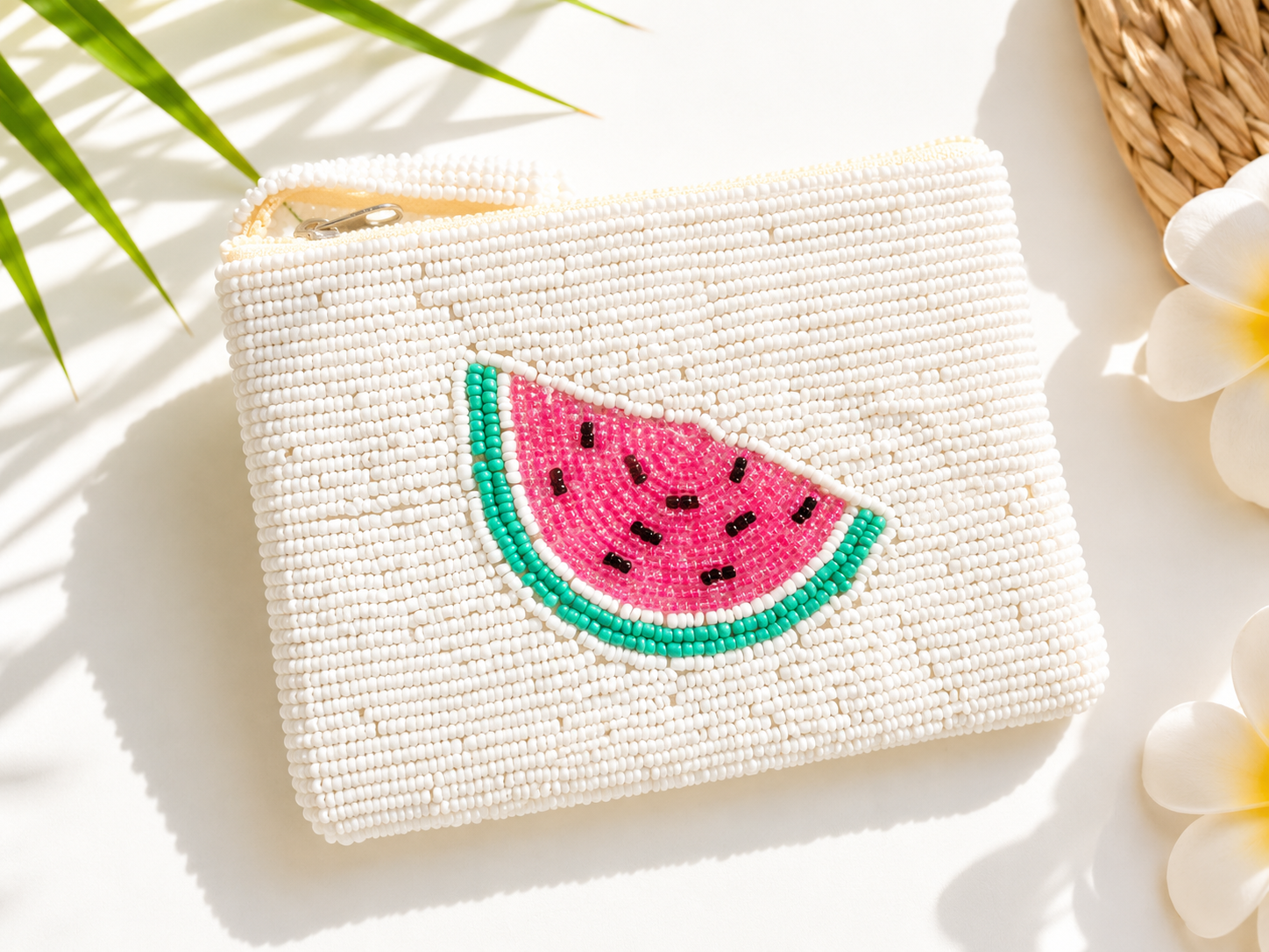 Sandía – Mini White Beaded Pouch with Watermelon