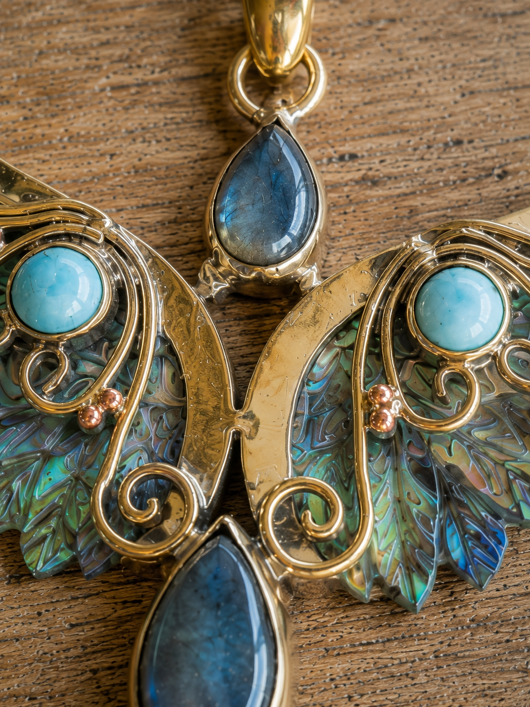 Azura Wings – Abalone, Larimar & Labradorite Brass Pendant - immagine 4