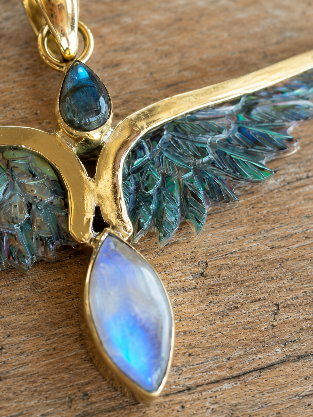 Aurea Wings – Abalone, Larimar & Labradorite Brass Pendant - immagine 4