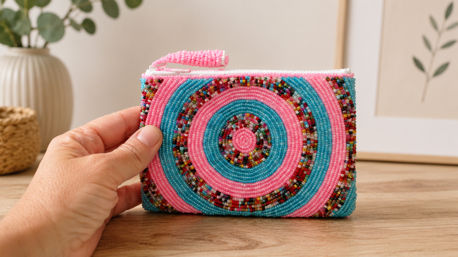 Kalea – Mini Pink & Turquoise Beaded Spiral Pouch - immagine 4