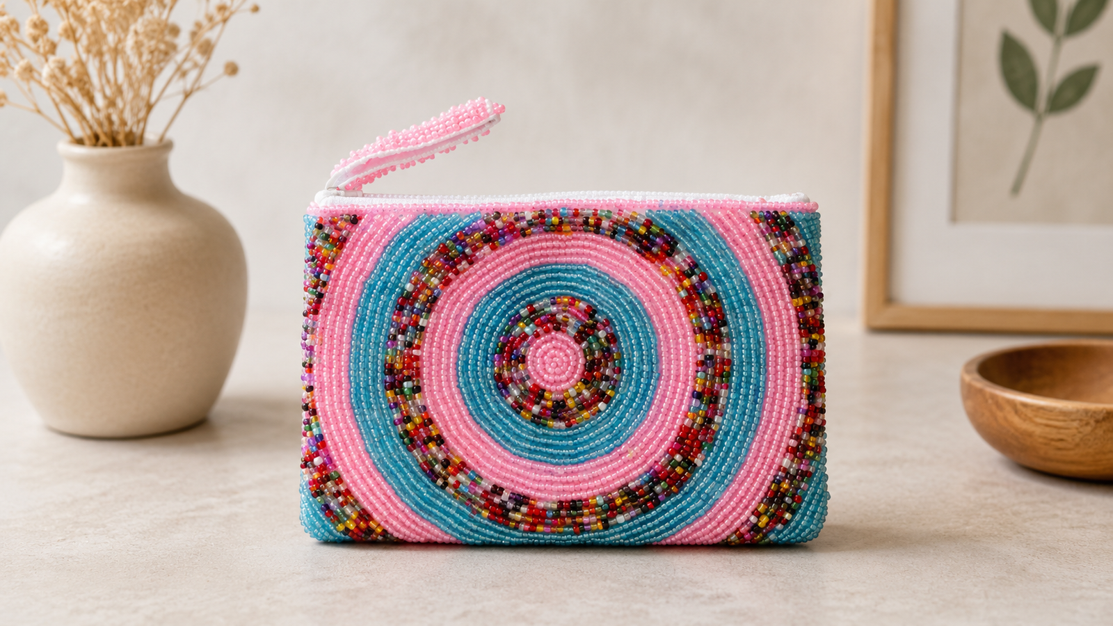 Kalea – Mini Pink & Turquoise Beaded Spiral Pouch