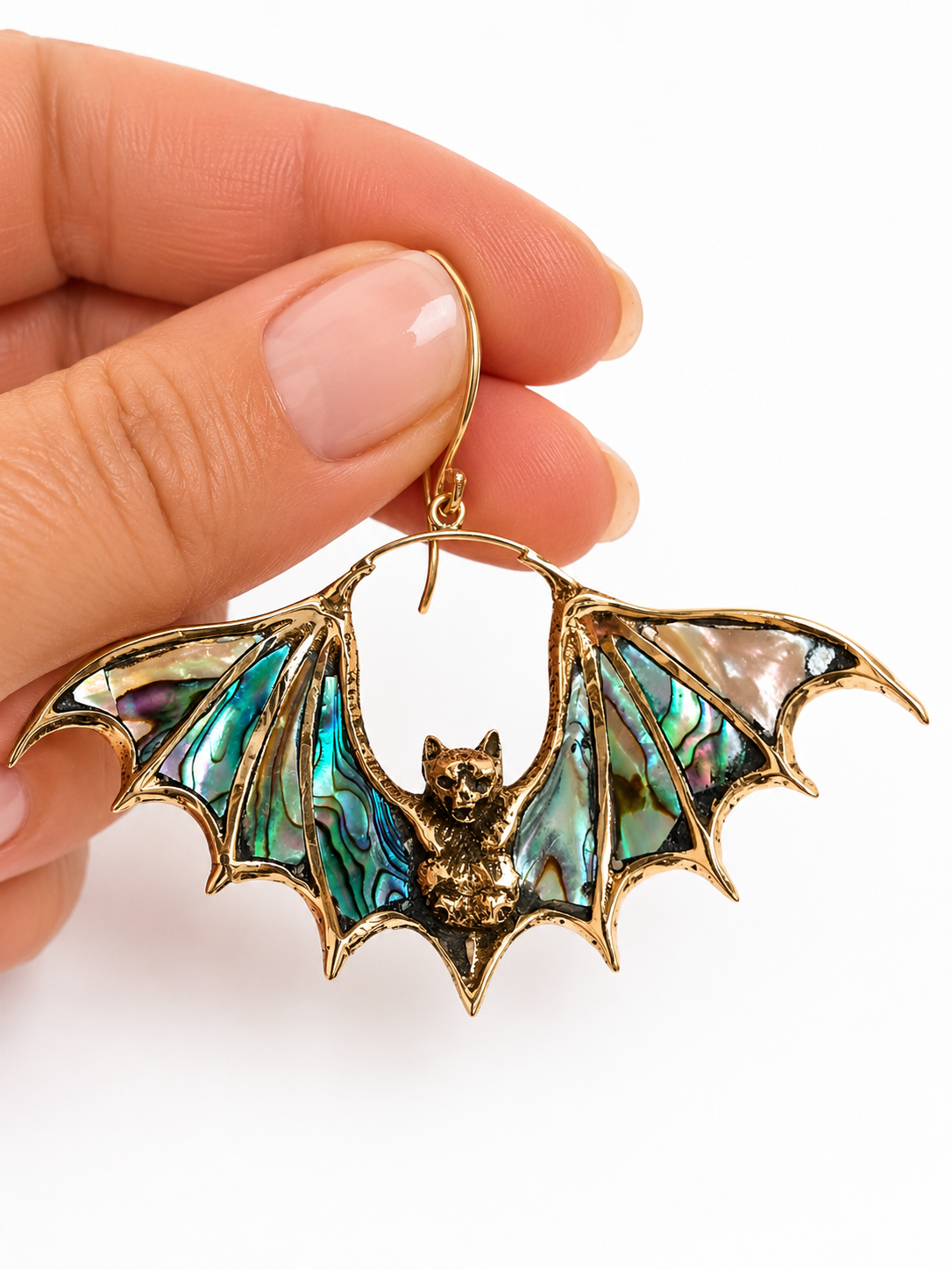 Nocturne – Abalone Bat Brass Earrings - immagine 5