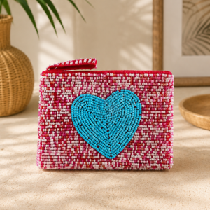 Azura – Mini Pink Beaded Pouch with Turquoise Heart