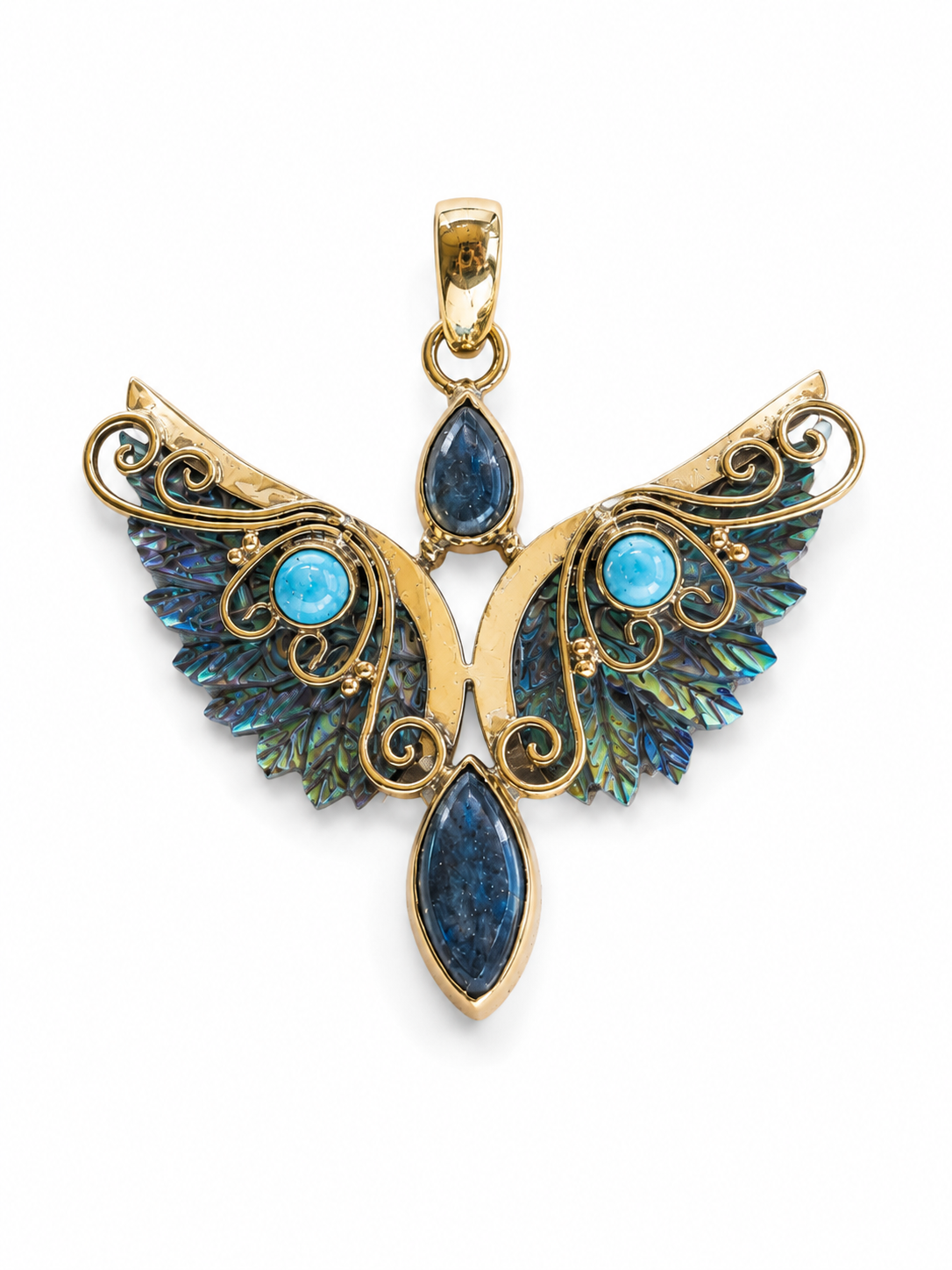 Azura Wings – Abalone, Larimar & Labradorite Brass Pendant