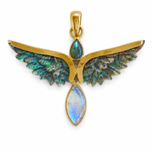 Aurea Wings – Abalone, Larimar & Labradorite Brass Pendant